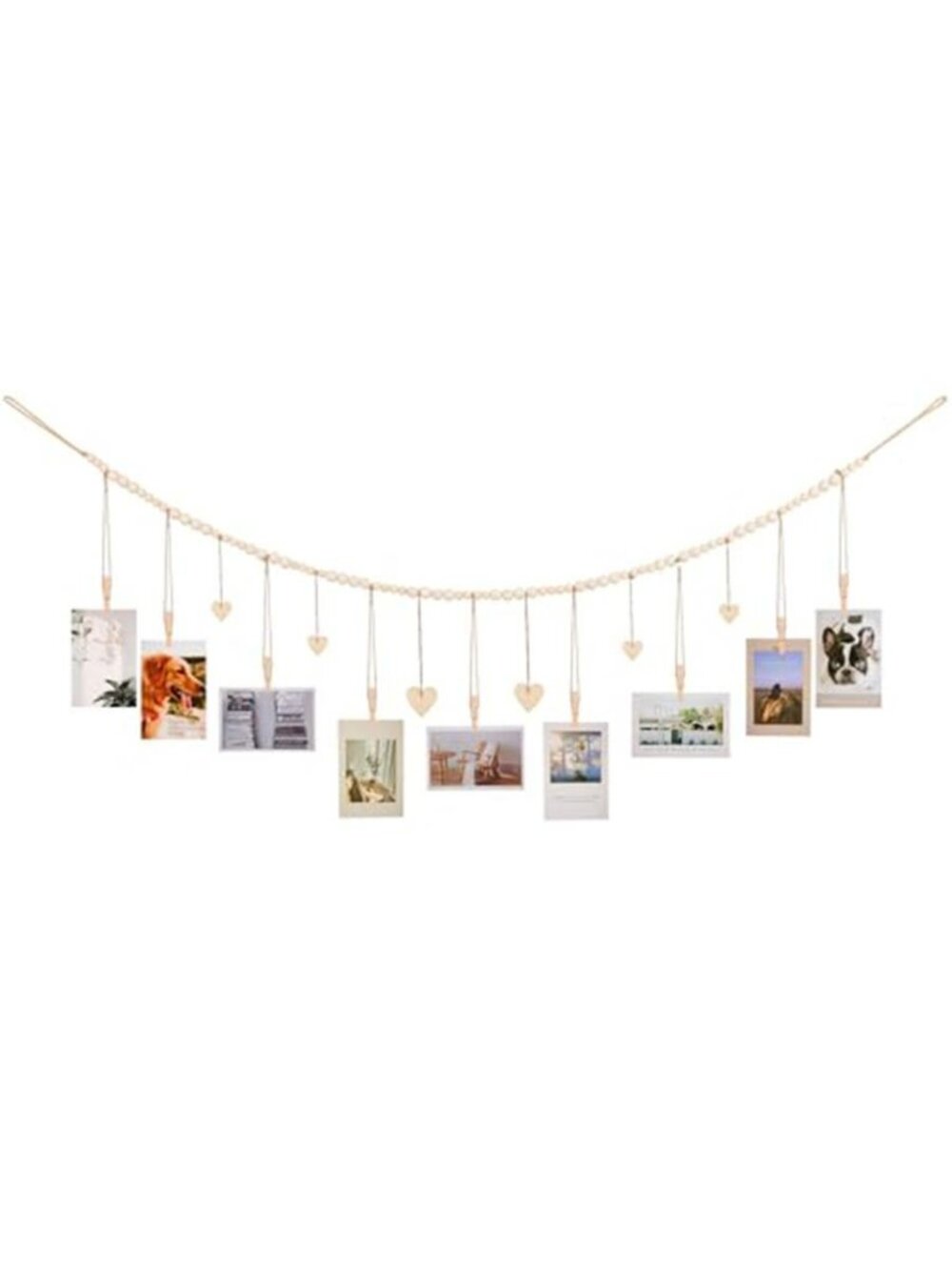 Hanging Photo Display with Clips, 9 Wood Clips, Boho Picture Frames